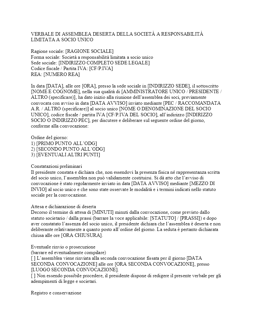Verbale assemblea deserta SRL socio unico