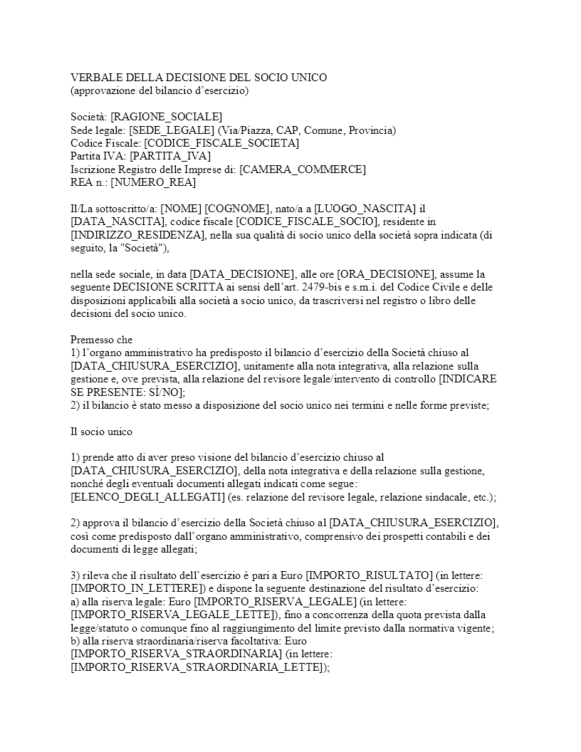 Verbale approvazione bilancio SRL unipersonale​