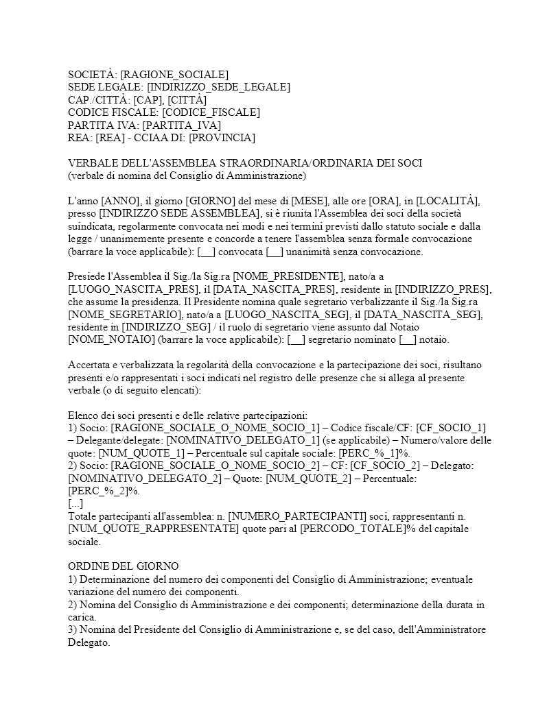 Verbale nomina consiglio di amministrazione SRL​