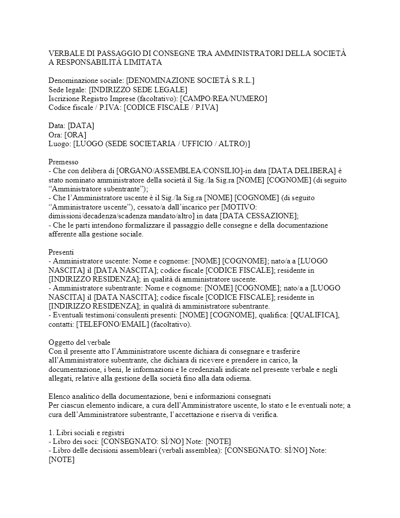 Verbale passaggio di consegne tra amministratori SRL​