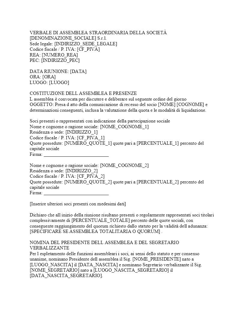 Verbale recesso socio SRL Verbale recesso socio SRL