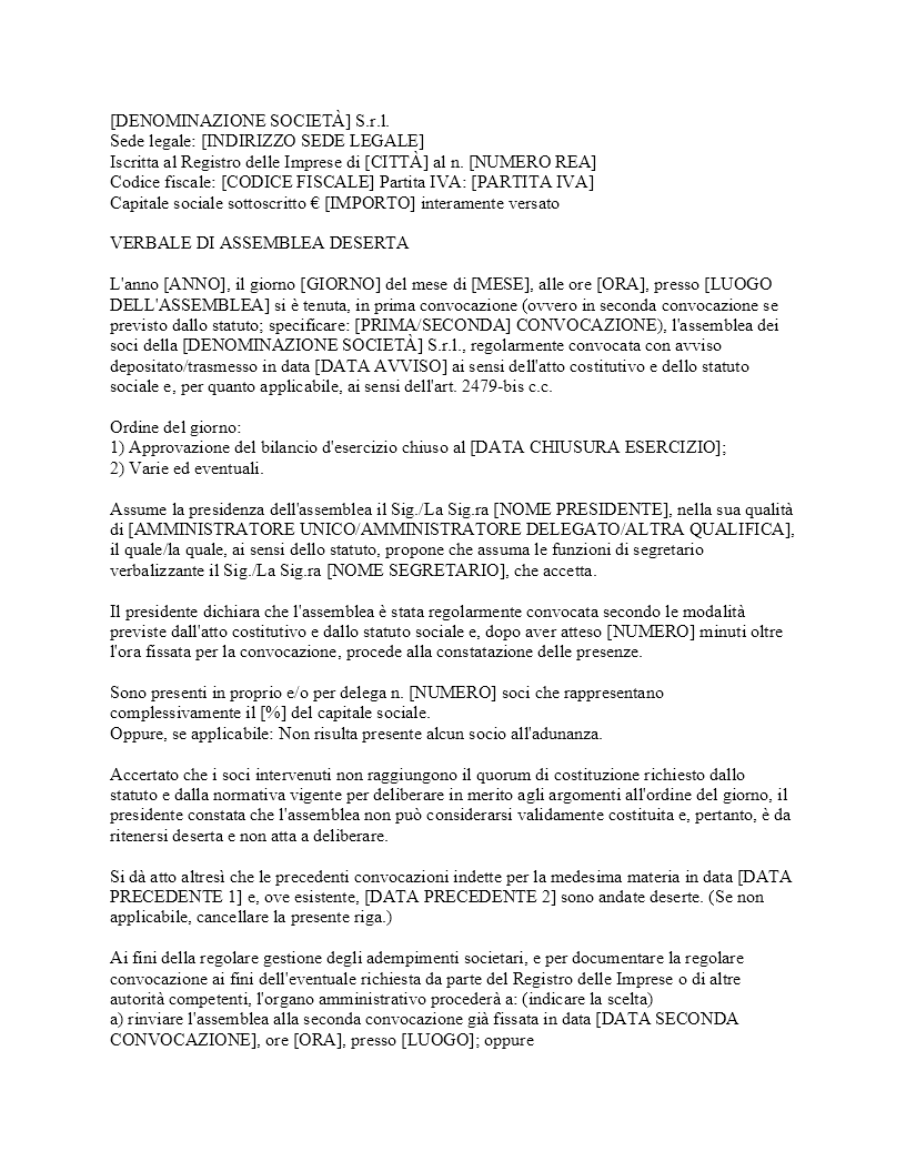 Verbale assemblea deserta approvazione bilancio SRL​