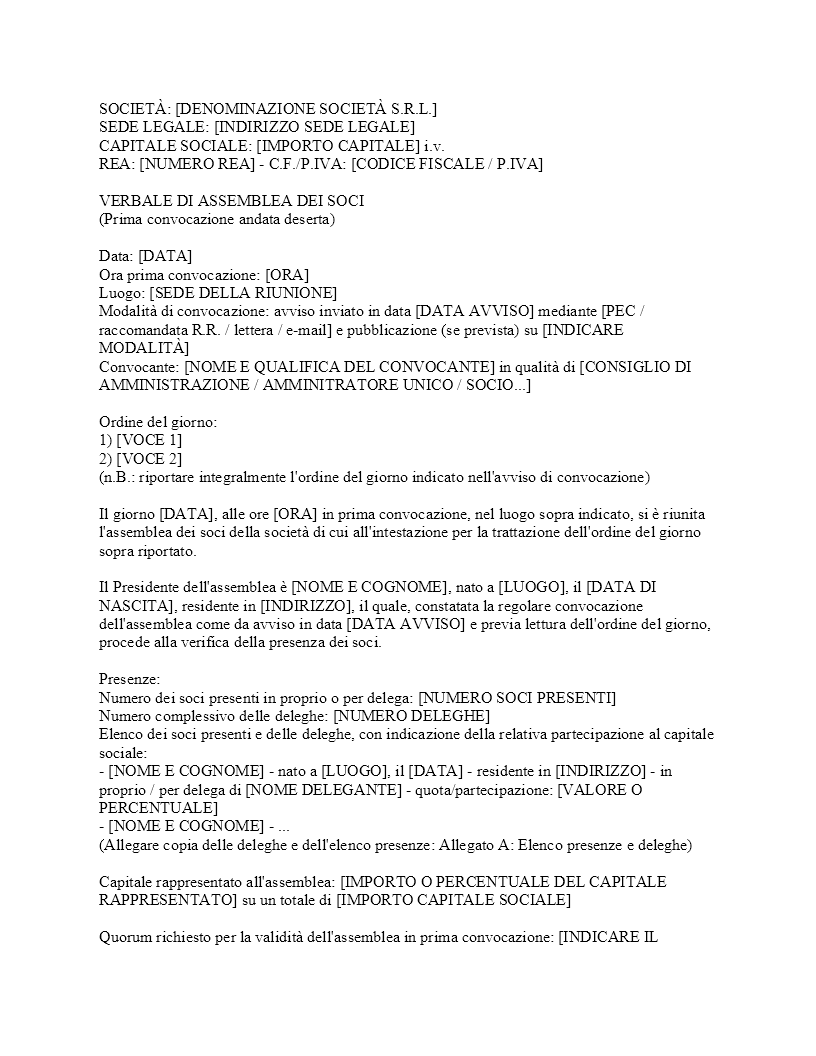 Verbale assemblea deserta prima convocazione SRL Verbale assemblea deserta prima convocazione SRL