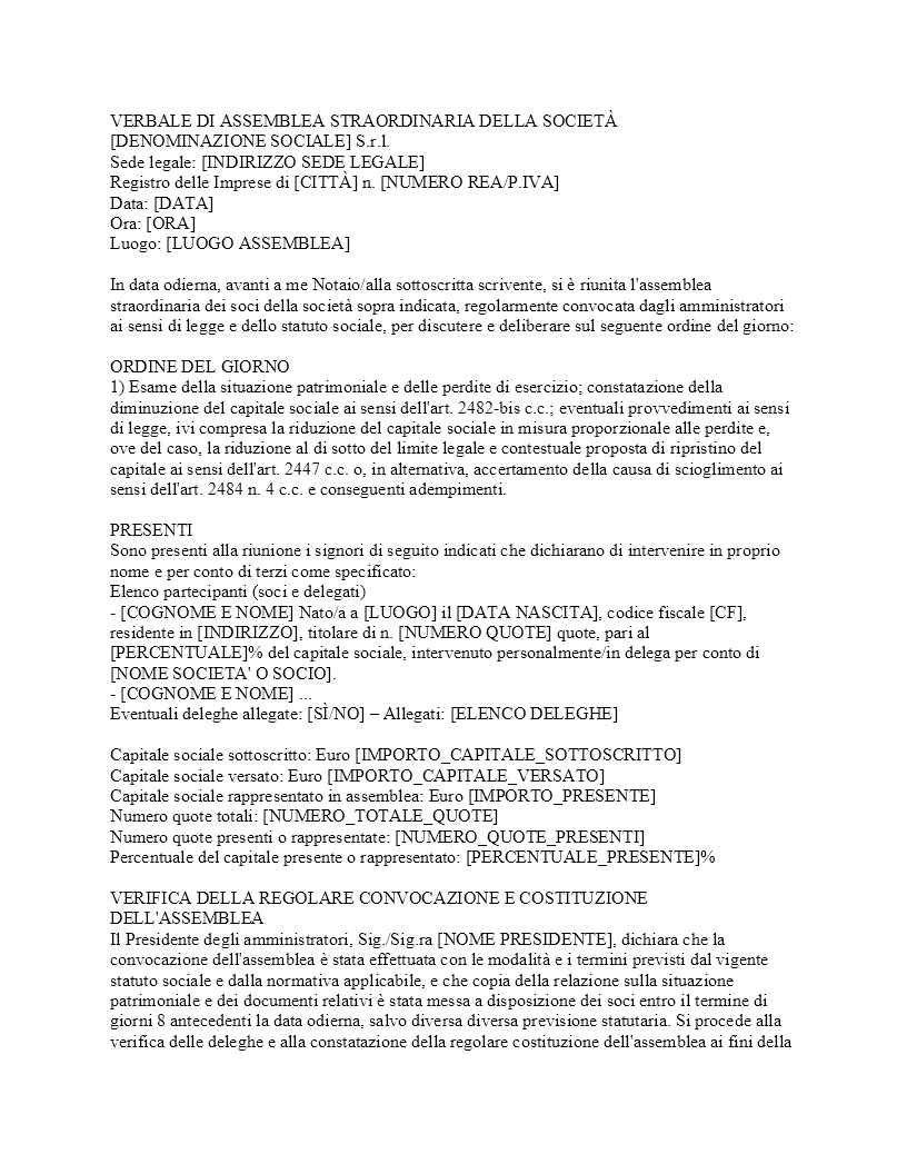 Verbale assemblea riduzione capitale sociale per perdite SRL​