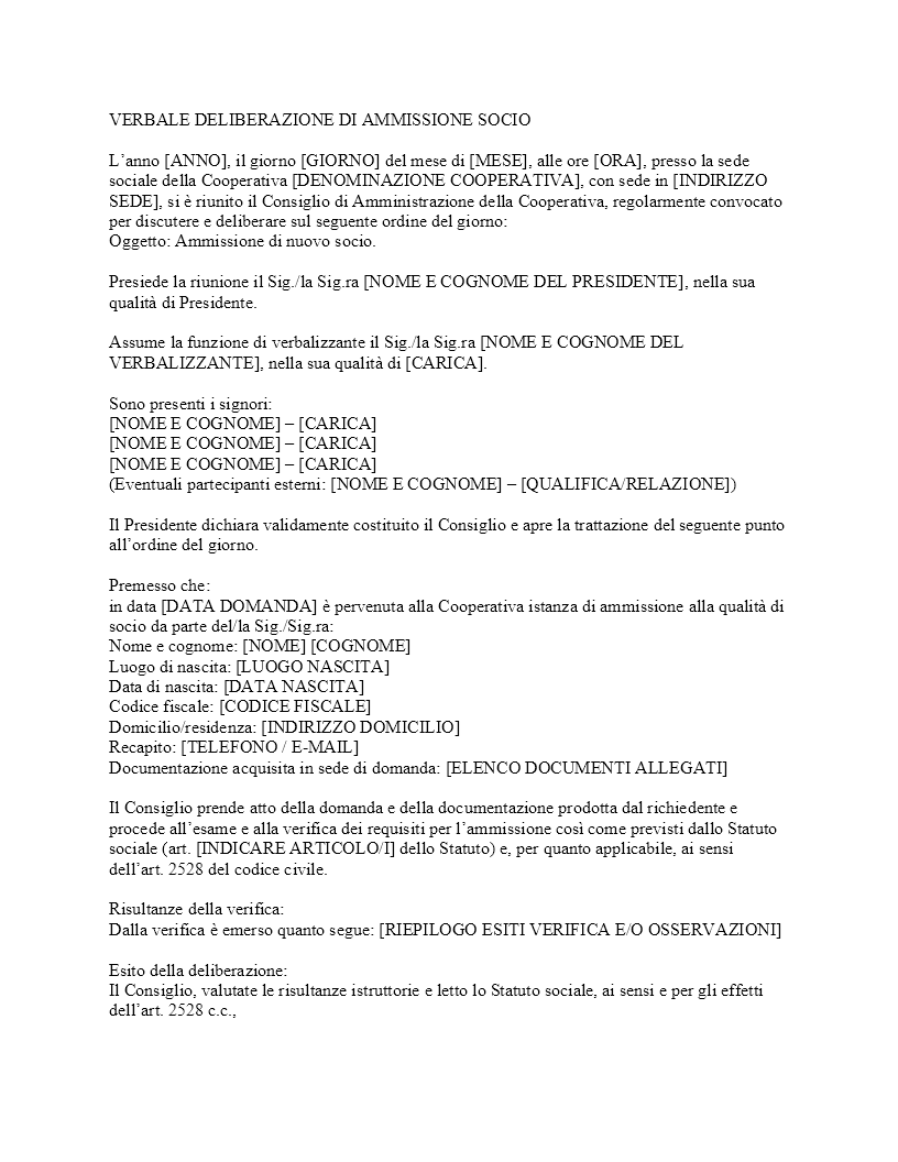 Verbale ammissione socio cooperativa​