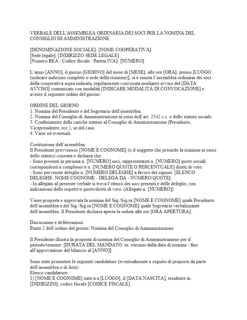 Verbale assemblea nomina consiglio di amministrazione cooperativa​