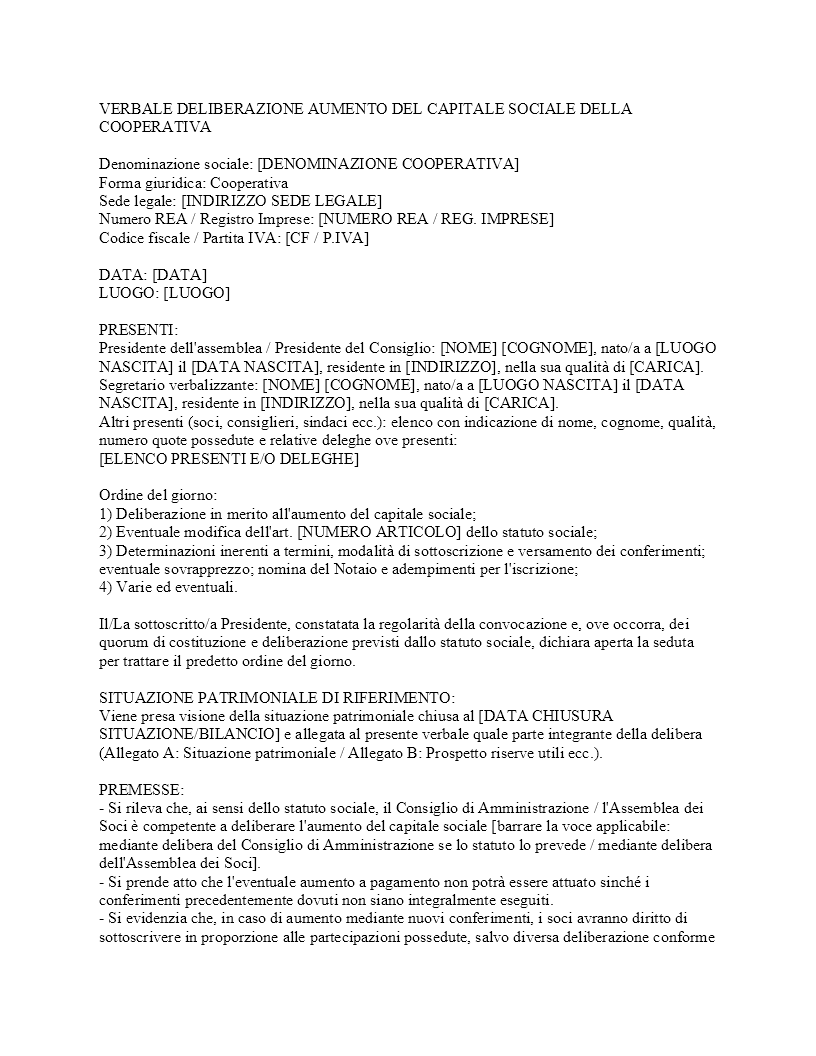 Verbale aumento capitale sociale cooperativa​