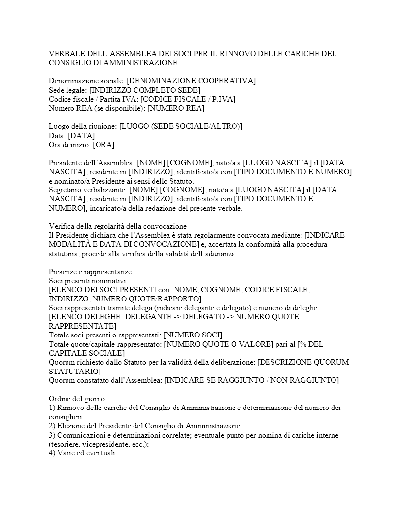 Verbale rinnovo cariche consiglio di amministrazione cooperativa​
