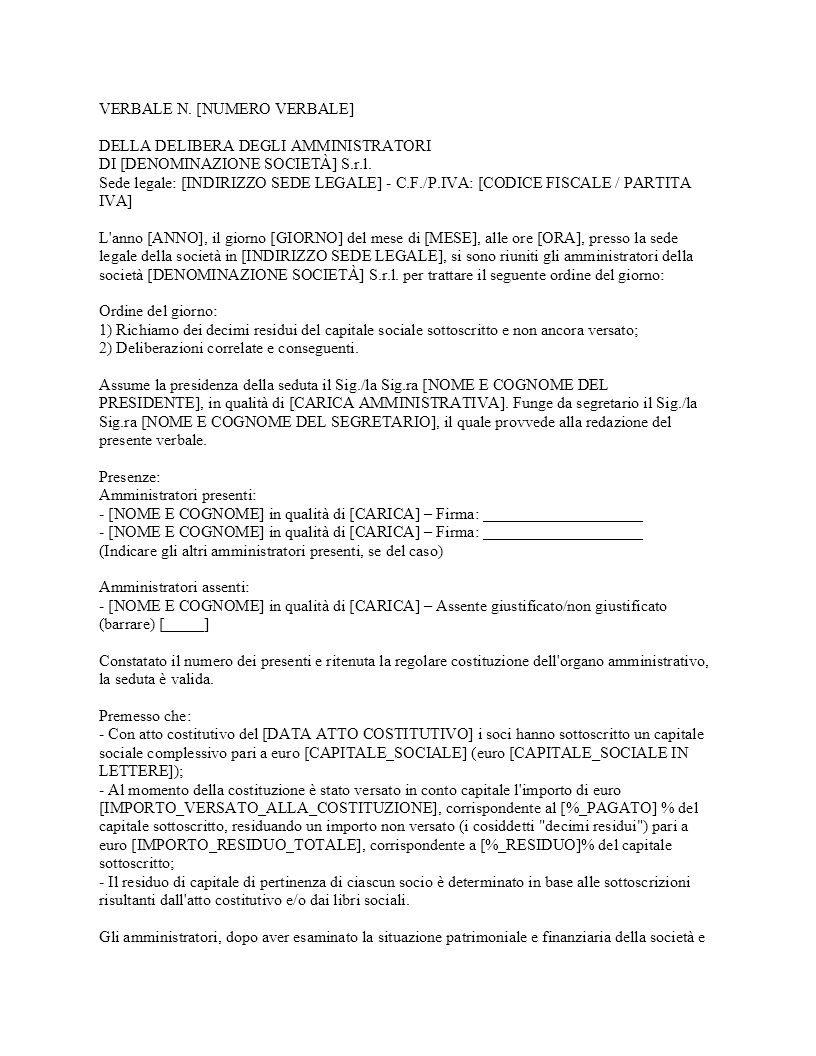 Verbale versamento decimi residui capitale sociale SRL​