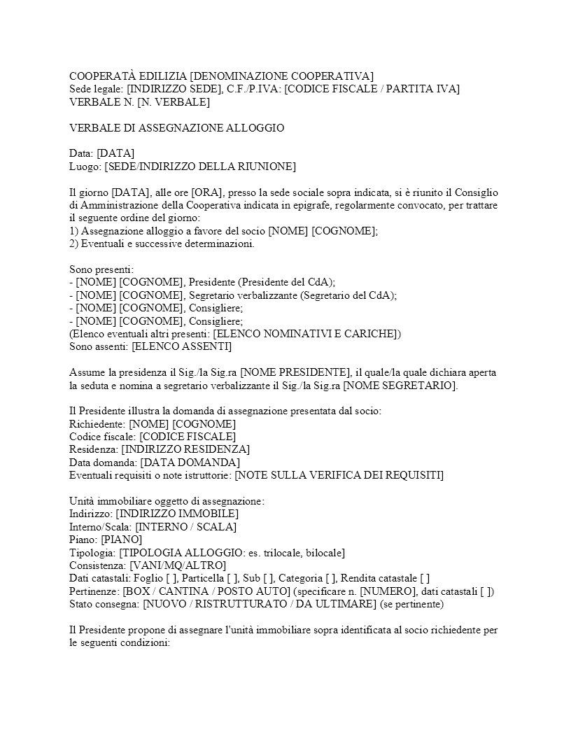 Verbale assegnazione alloggio cooperativa edilizia​