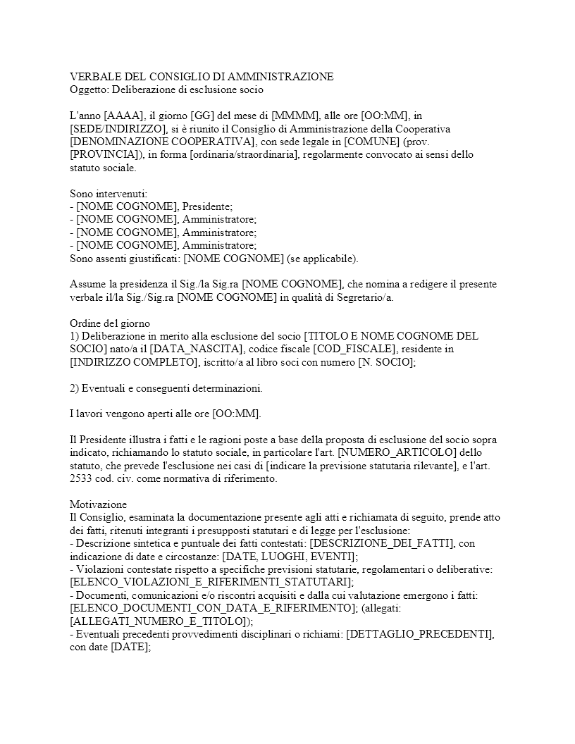 Verbale esclusione socio cooperativa​