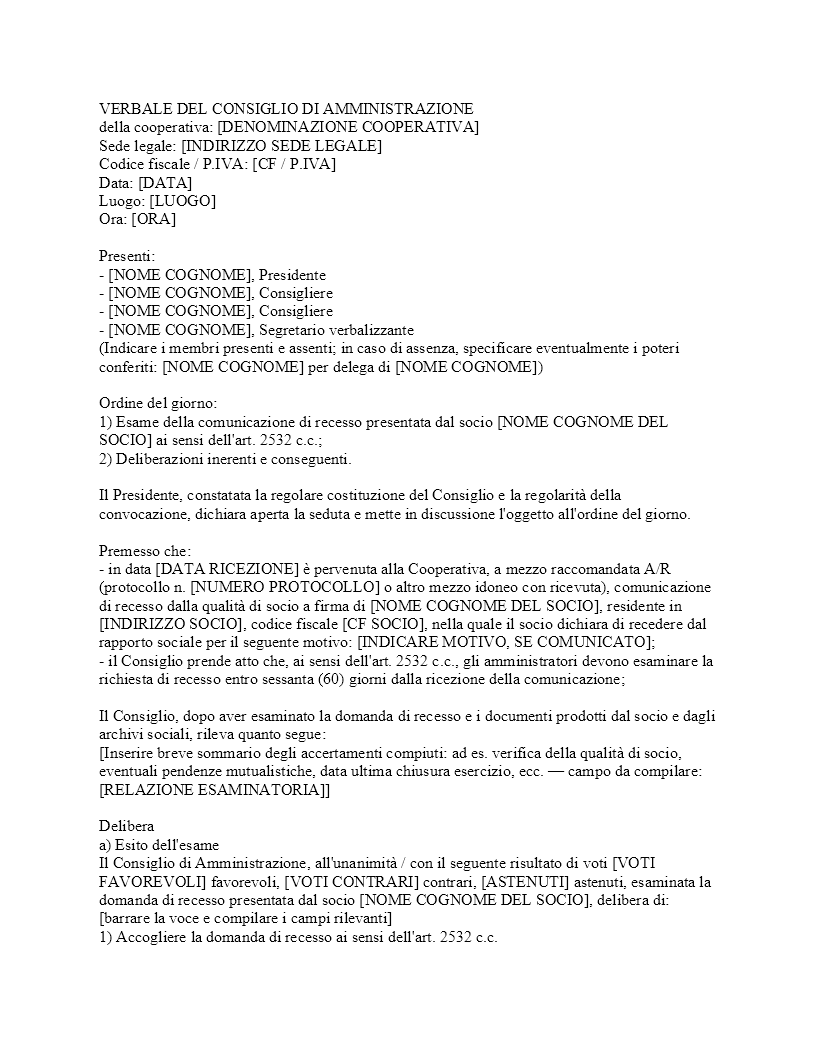 Verbale recesso socio cooperativa​