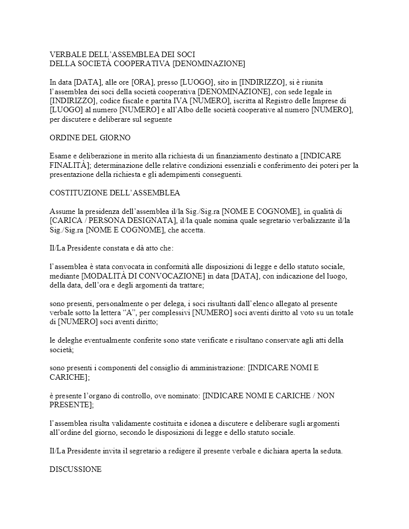 Verbale assemblea cooperativa richiesta finanziamento​