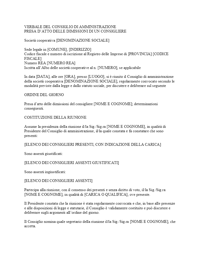 Verbale dimissioni consigliere società cooperativa​
